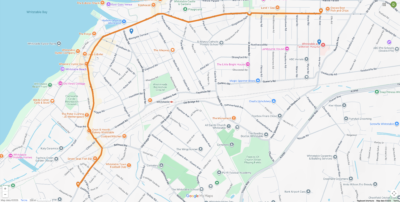 Map of the 2026 Whitstable Carnival route from Pier Avenue to Saddleton Road, via Harbour Street and the High Street